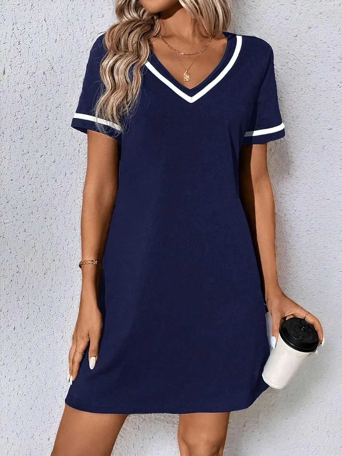 Women's Casual V-Neck Colorblock Knit Dress Weave Belt Summer Short Sleeve V-Neck Fashion Dresses for Women