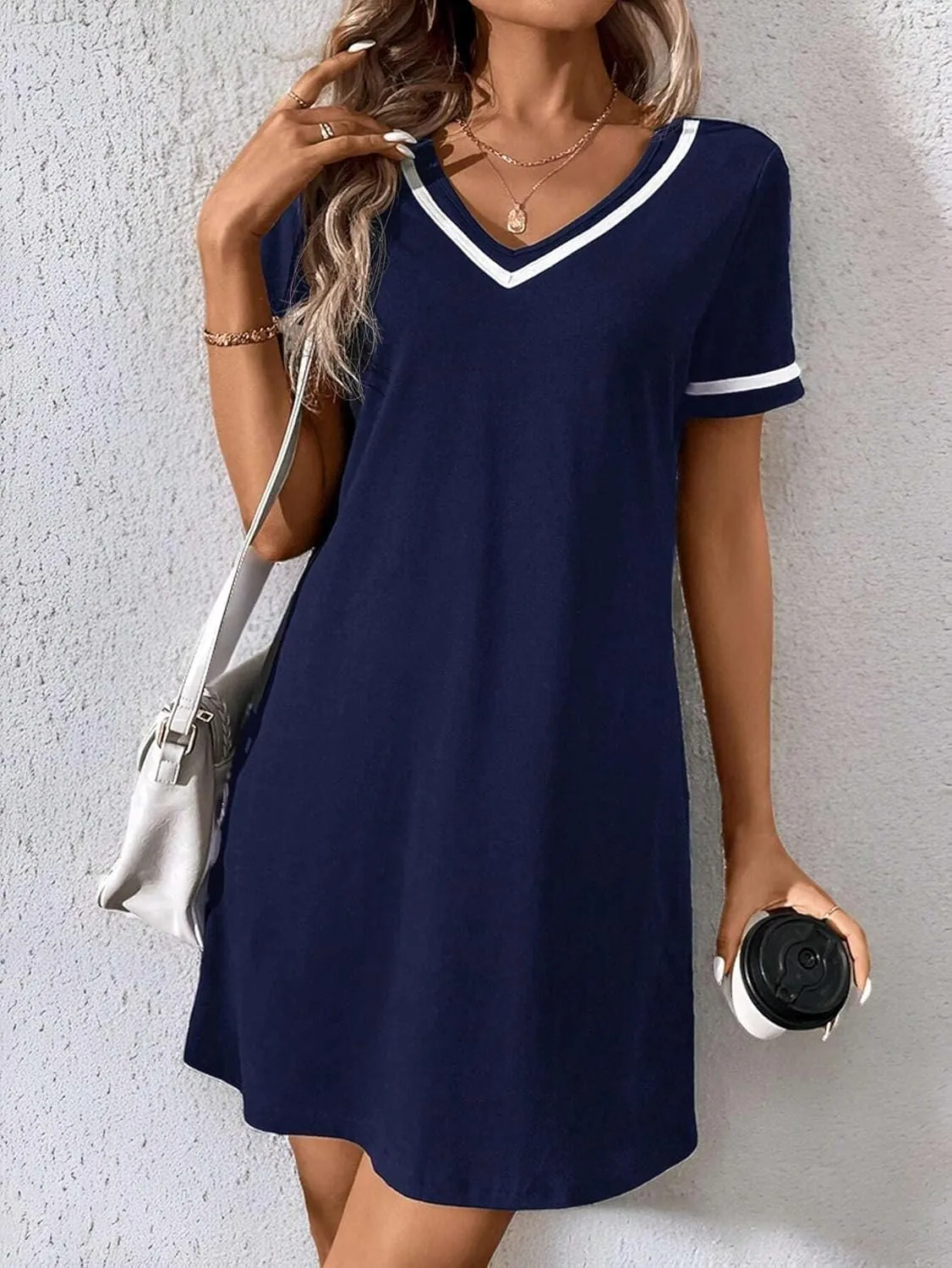 Women's Casual V-Neck Colorblock Knit Dress Weave Belt Summer Short Sleeve V-Neck Fashion Dresses for Women