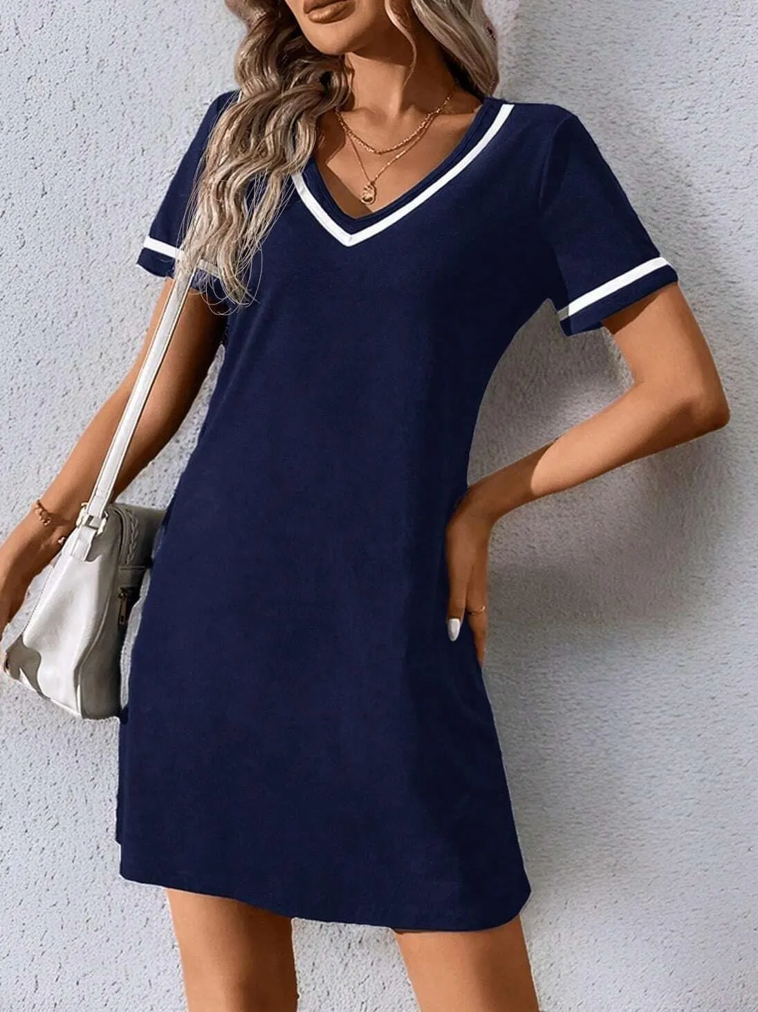 Women's Casual V-Neck Colorblock Knit Dress Weave Belt Summer Short Sleeve V-Neck Fashion Dresses for Women