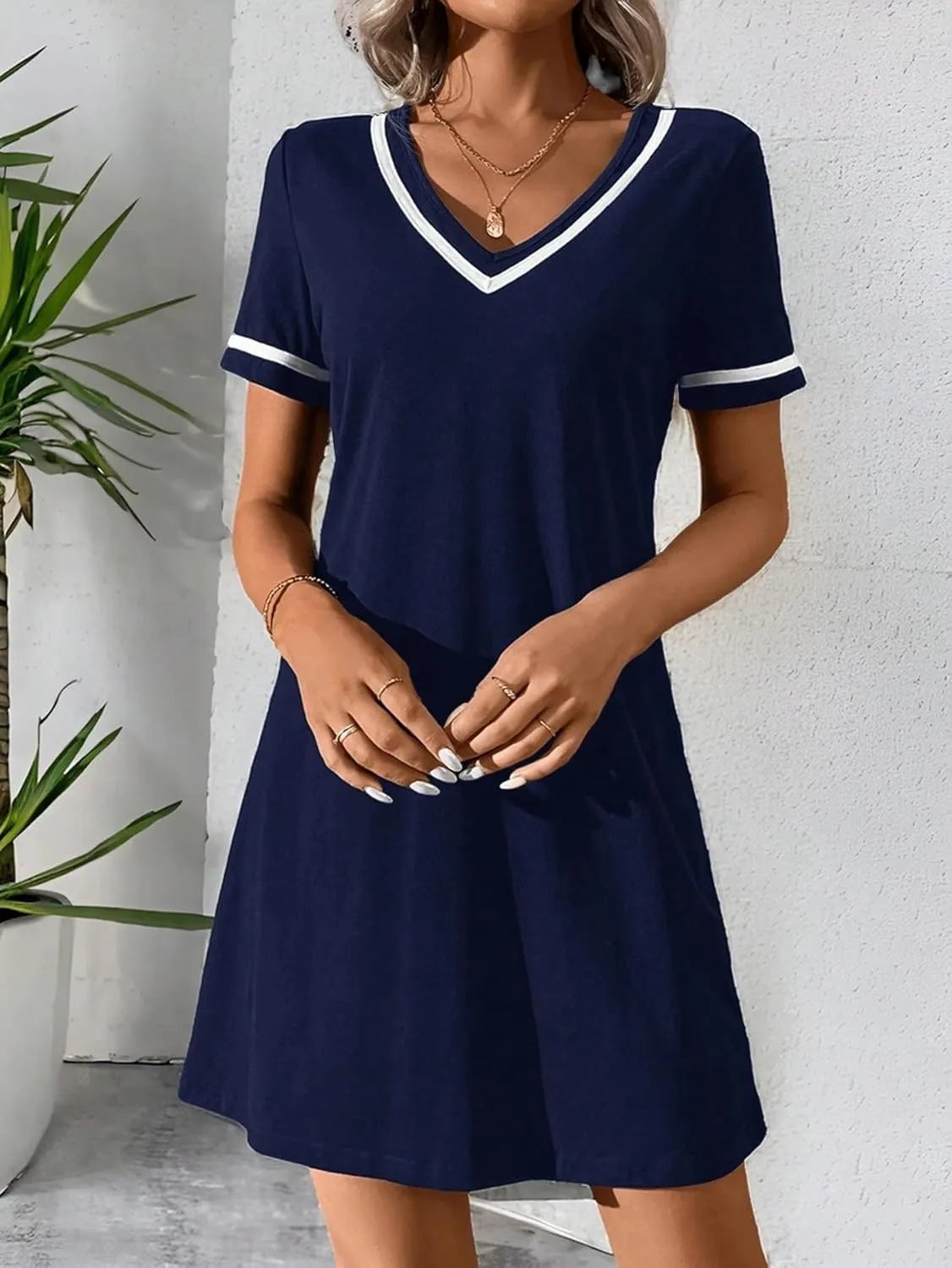 Women's Casual V-Neck Colorblock Knit Dress Weave Belt Summer Short Sleeve V-Neck Fashion Dresses for Women