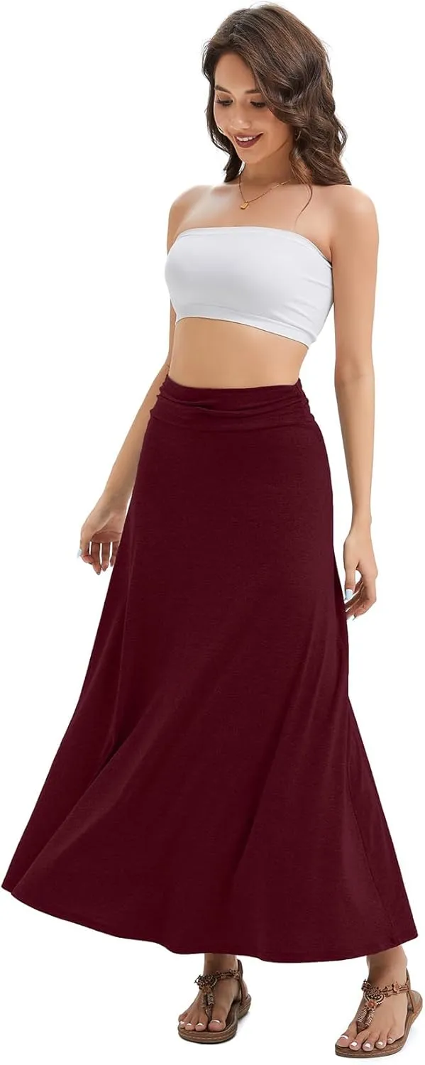 Women's Convertible High Waisted Maxi Skirt, Tummy Control & Non-Slip Elastic Waist, Flowy Flare Casual to Dressy