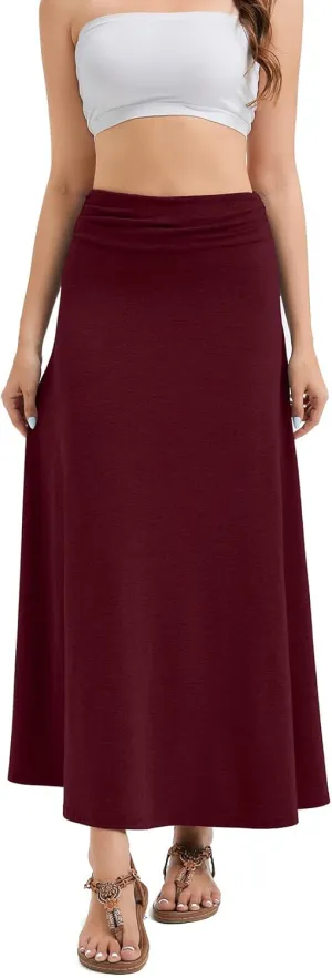 Women's Convertible High Waisted Maxi Skirt, Tummy Control & Non-Slip Elastic Waist, Flowy Flare Casual to Dressy