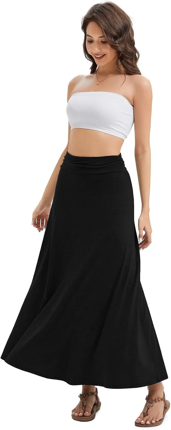 Women's Convertible High Waisted Maxi Skirt, Tummy Control & Non-Slip Elastic Waist, Flowy Flare Casual to Dressy