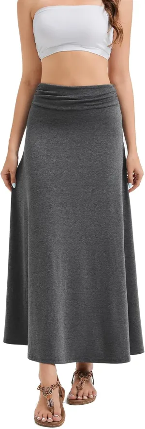 Women's Convertible High Waisted Maxi Skirt, Tummy Control & Non-Slip Elastic Waist, Flowy Flare Casual to Dressy