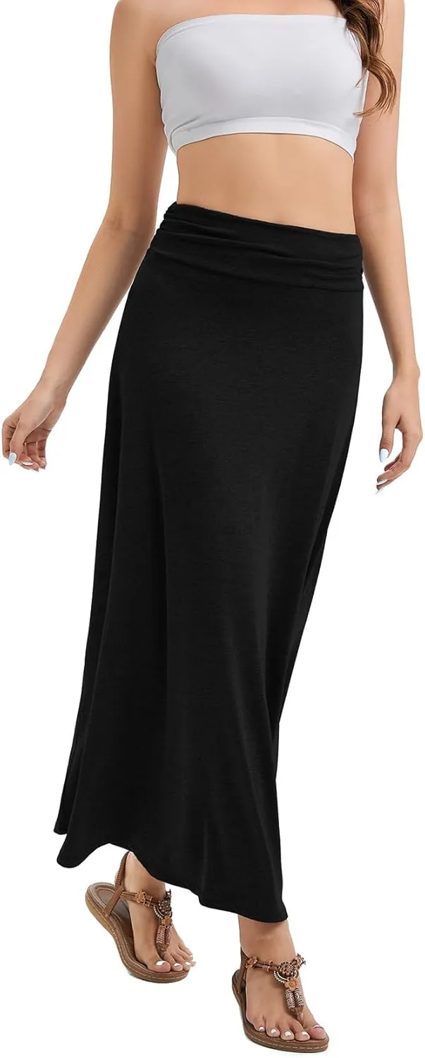 Women's Convertible High Waisted Maxi Skirt, Tummy Control & Non-Slip Elastic Waist, Flowy Flare Casual to Dressy