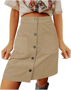 Women's Corduroy Midi Skirts High Waist Button Front A-Line Skirt Solid Slim Fit Knee Length Vintage
