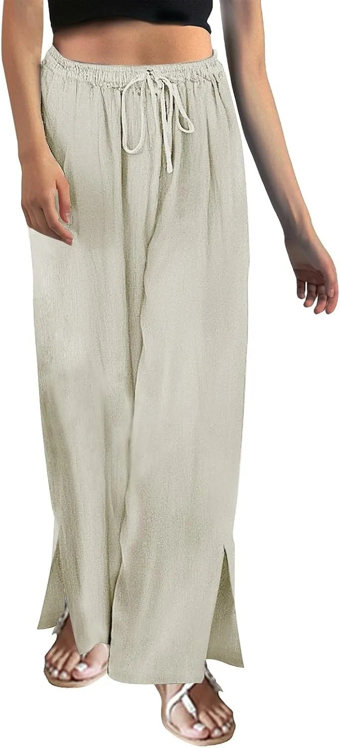 Women's Cotton Linen Summer Palazzo Pants Summer Drawstring Cotton and Linen Split High Waist Comfy White Gauze