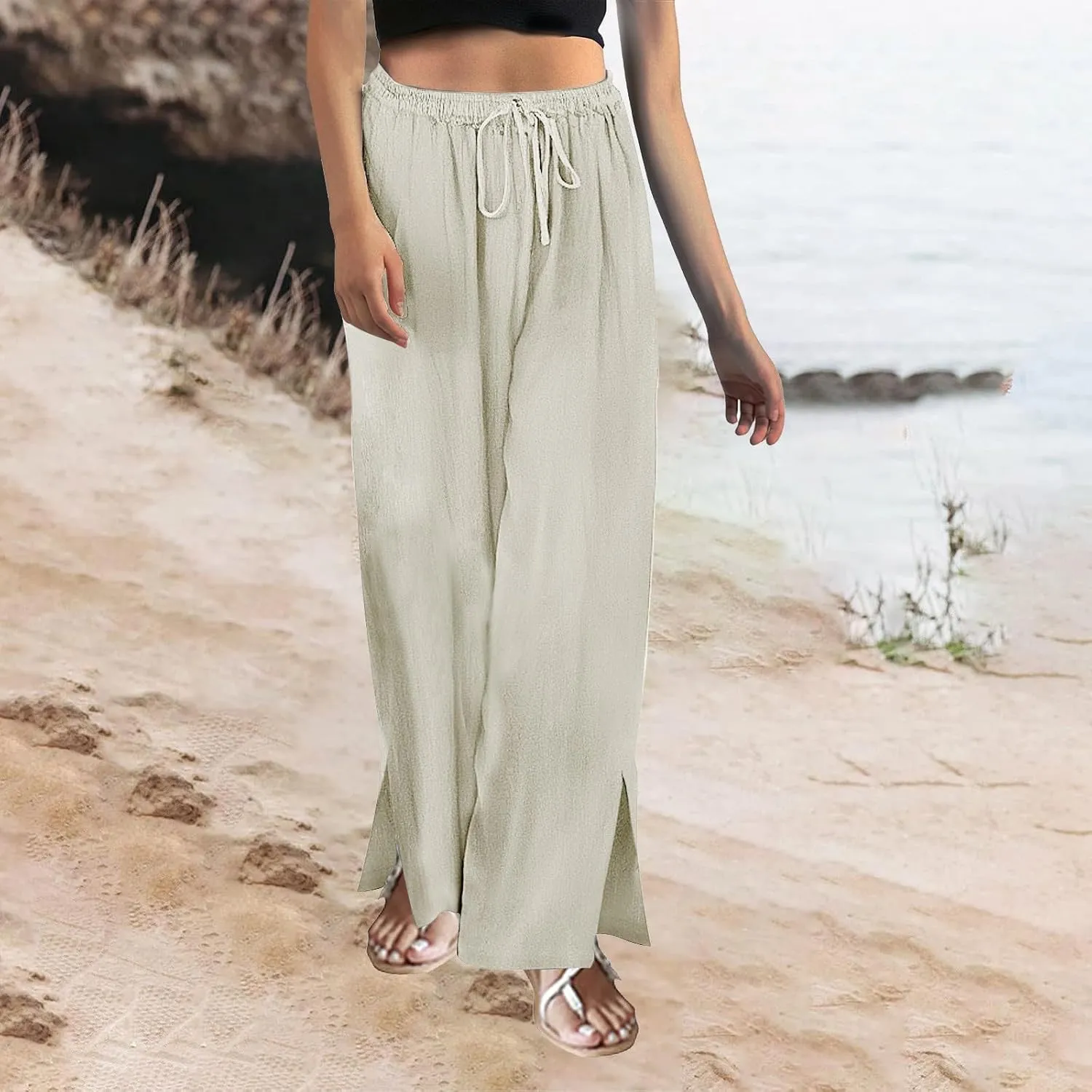 Women's Cotton Linen Summer Palazzo Pants Summer Drawstring Cotton and Linen Split High Waist Comfy White Gauze