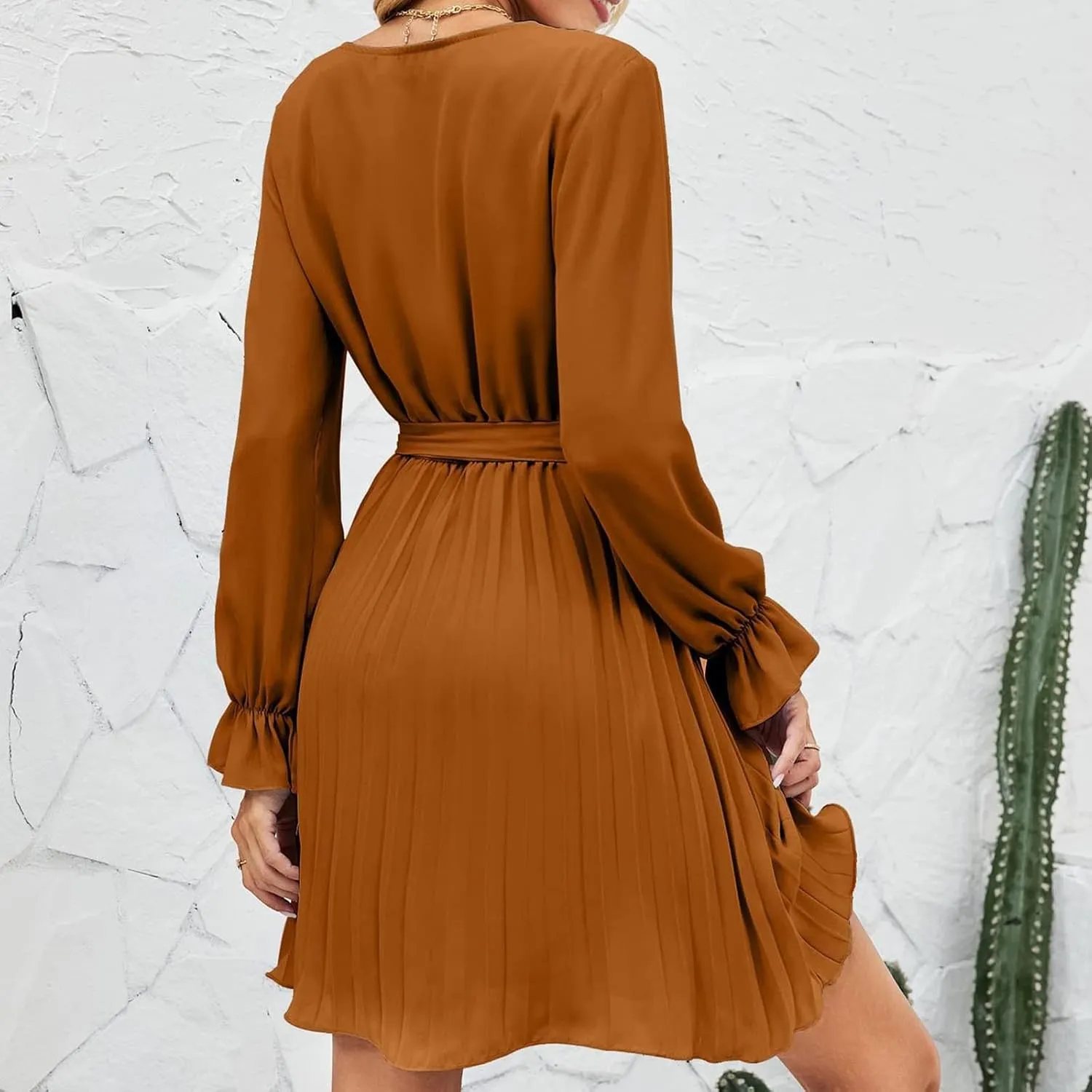 Womens Dresses 2025 Ruffle Long Sleeve Wrap Semi Formal Mini Dress Casual Pleated A-Line Swing Babydoll Dress