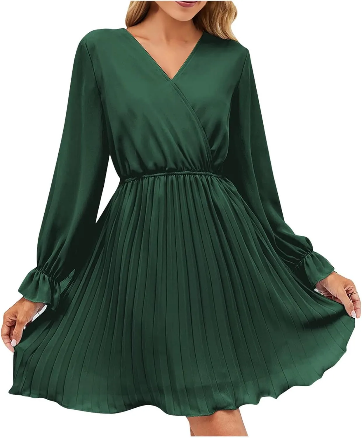 Womens Dresses 2025 Ruffle Long Sleeve Wrap Semi Formal Mini Dress Casual Pleated A-Line Swing Babydoll Dress
