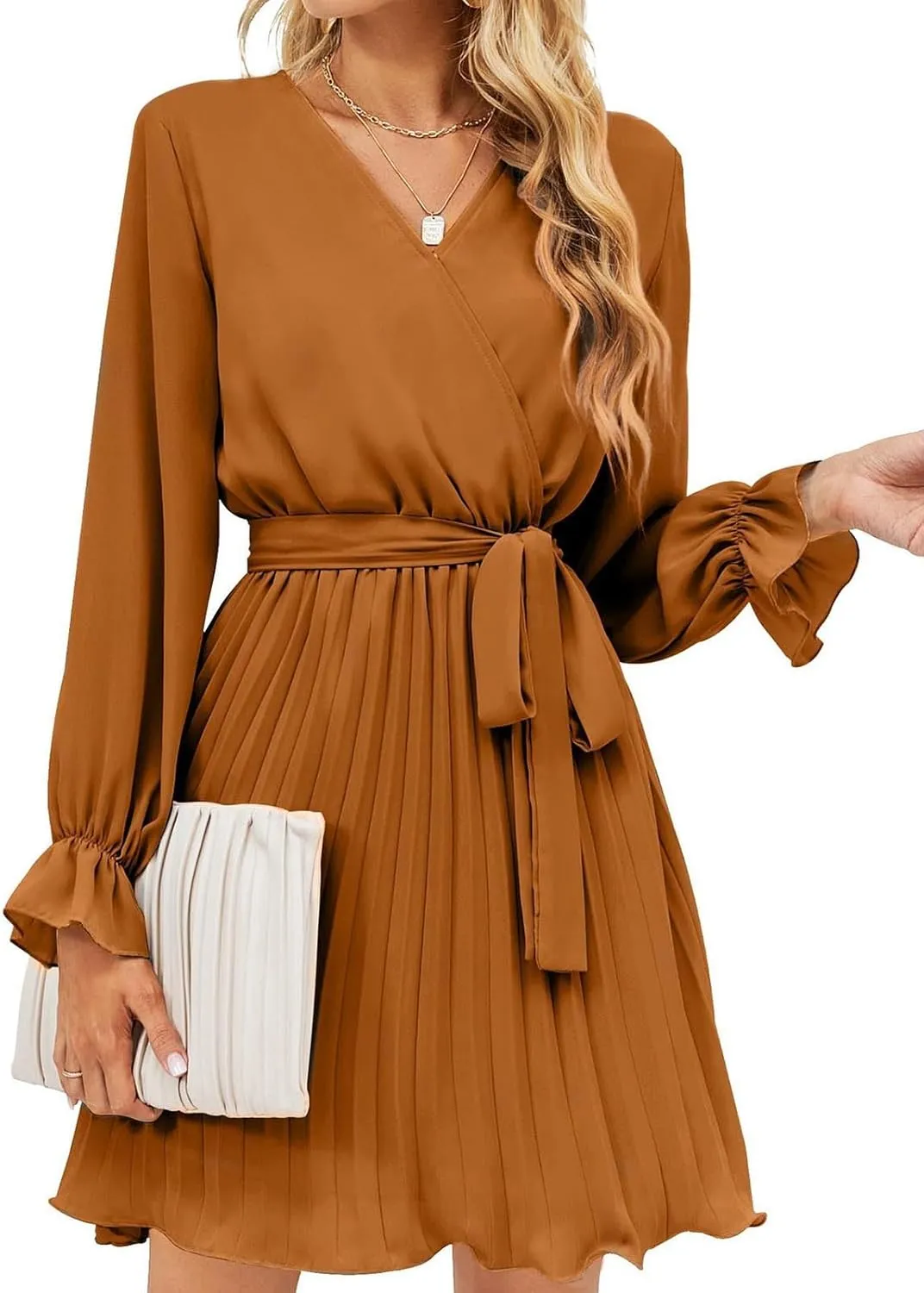 Womens Dresses 2025 Ruffle Long Sleeve Wrap Semi Formal Mini Dress Casual Pleated A-Line Swing Babydoll Dress