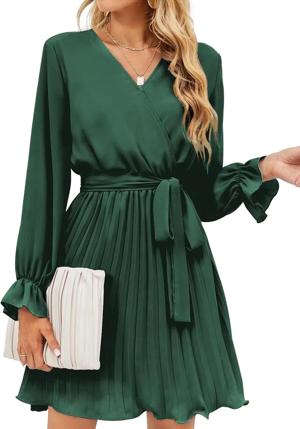 Womens Dresses 2025 Ruffle Long Sleeve Wrap Semi Formal Mini Dress Casual Pleated A-Line Swing Babydoll Dress
