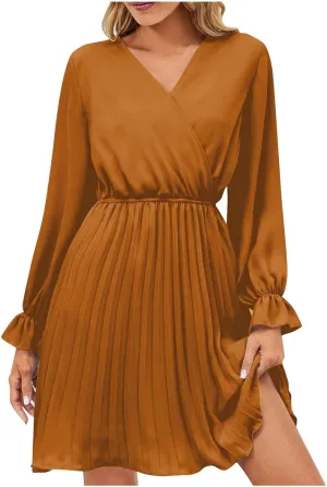 Womens Dresses 2025 Ruffle Long Sleeve Wrap Semi Formal Mini Dress Casual Pleated A-Line Swing Babydoll Dress