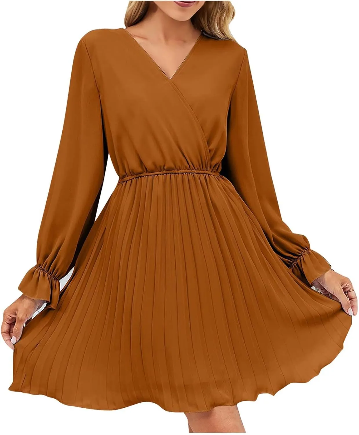 Womens Dresses 2025 Ruffle Long Sleeve Wrap Semi Formal Mini Dress Casual Pleated A-Line Swing Babydoll Dress