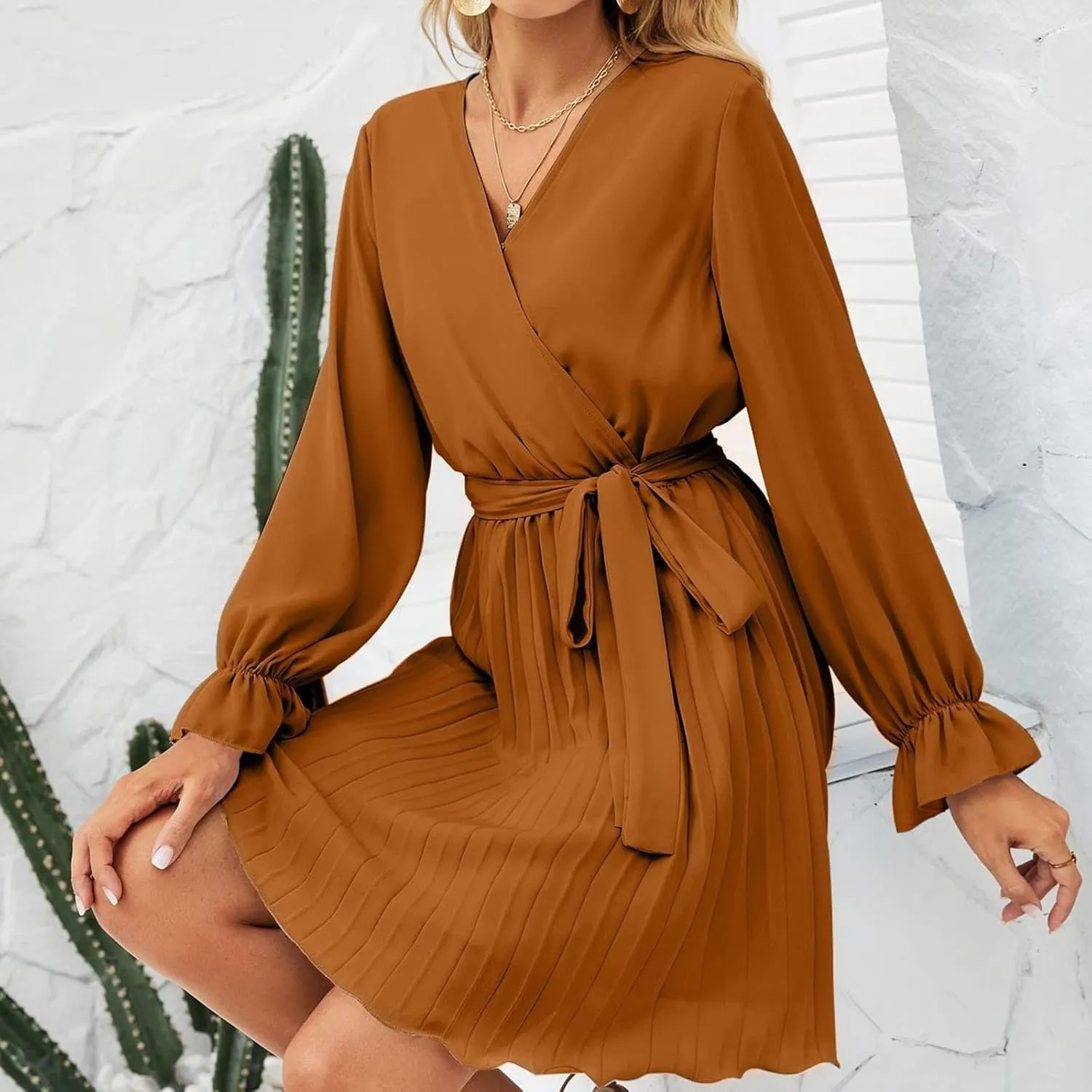 Womens Dresses 2025 Ruffle Long Sleeve Wrap Semi Formal Mini Dress Casual Pleated A-Line Swing Babydoll Dress