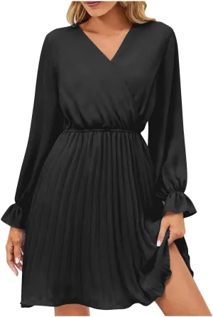 Womens Dresses 2025 Ruffle Long Sleeve Wrap Semi Formal Mini Dress Casual Pleated A-Line Swing Babydoll Dress