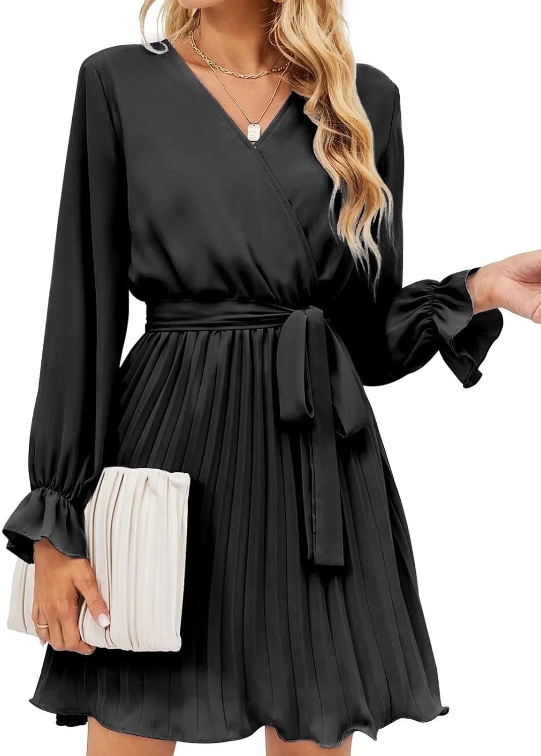 Womens Dresses 2025 Ruffle Long Sleeve Wrap Semi Formal Mini Dress Casual Pleated A-Line Swing Babydoll Dress