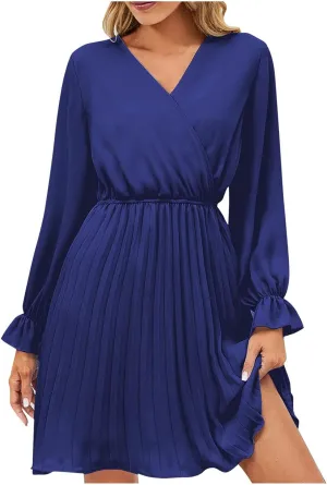 Womens Dresses 2025 Ruffle Long Sleeve Wrap Semi Formal Mini Dress Casual Pleated A-Line Swing Babydoll Dress