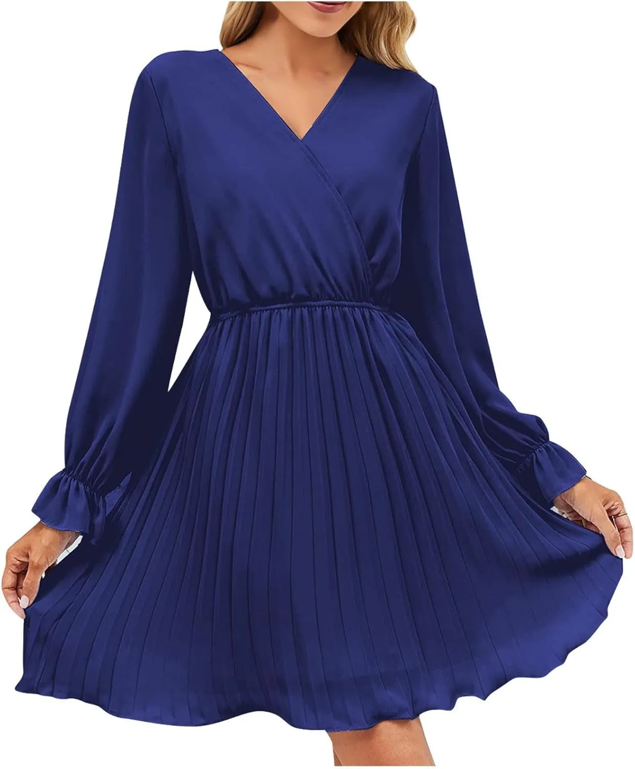 Womens Dresses 2025 Ruffle Long Sleeve Wrap Semi Formal Mini Dress Casual Pleated A-Line Swing Babydoll Dress