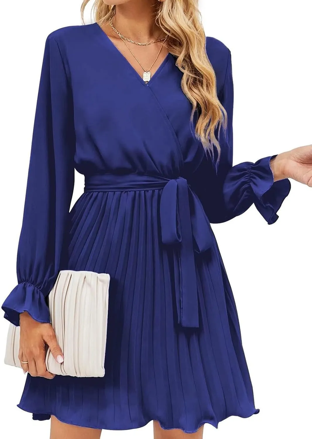 Womens Dresses 2025 Ruffle Long Sleeve Wrap Semi Formal Mini Dress Casual Pleated A-Line Swing Babydoll Dress