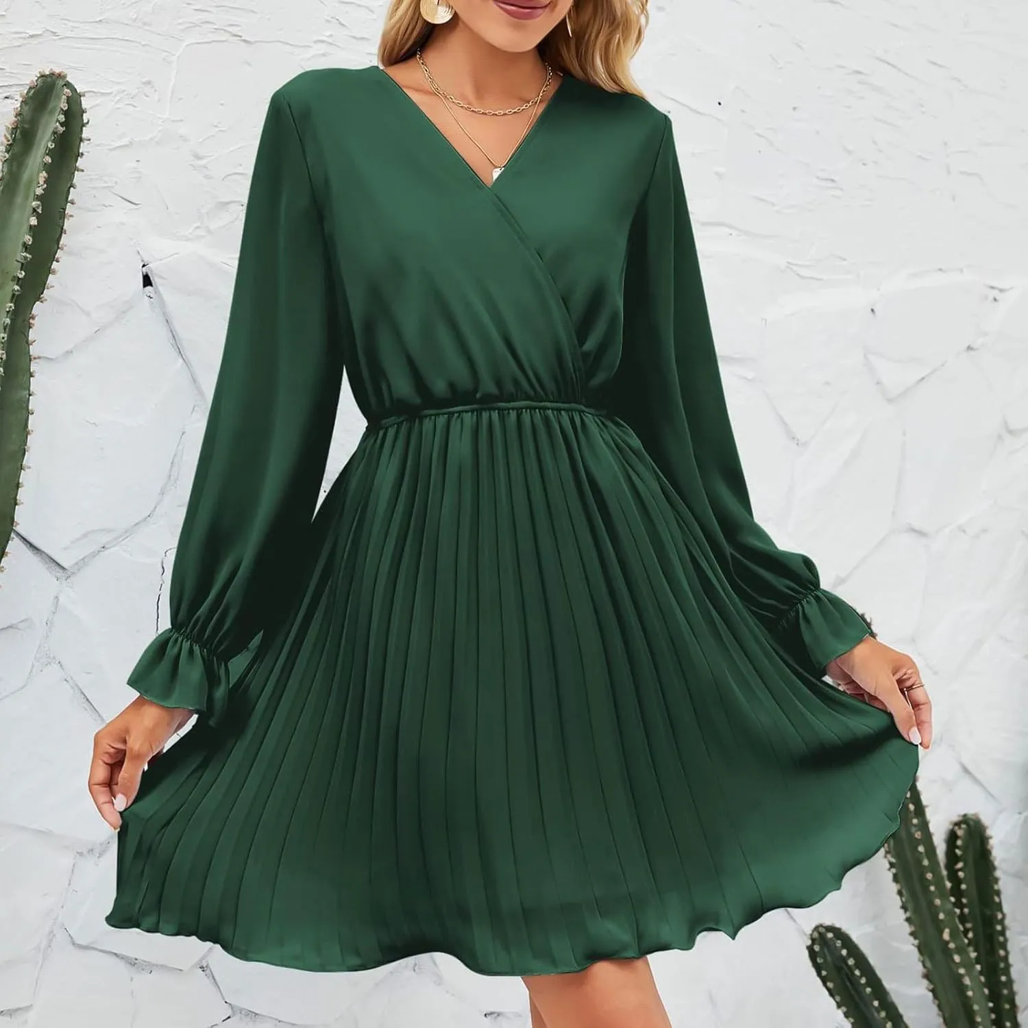Womens Dresses 2025 Ruffle Long Sleeve Wrap Semi Formal Mini Dress Casual Pleated A-Line Swing Babydoll Dress