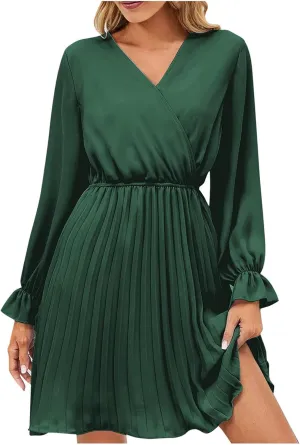Womens Dresses 2025 Ruffle Long Sleeve Wrap Semi Formal Mini Dress Casual Pleated A-Line Swing Babydoll Dress