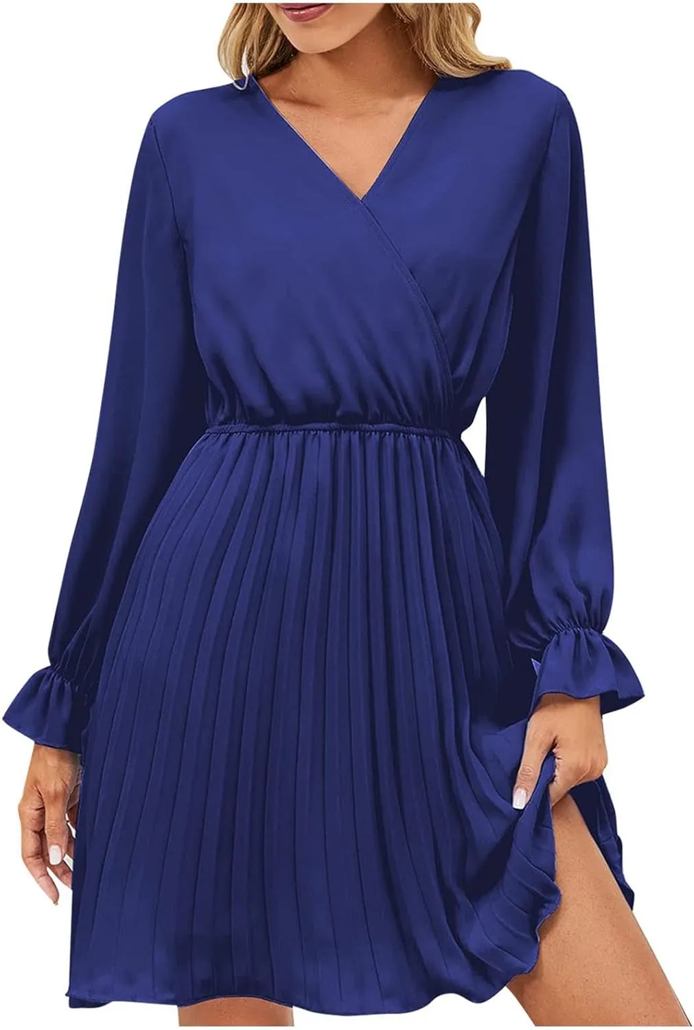 Womens Dresses 2025 Ruffle Long Sleeve Wrap Semi Formal Mini Dress Casual Pleated A-Line Swing Babydoll Dress