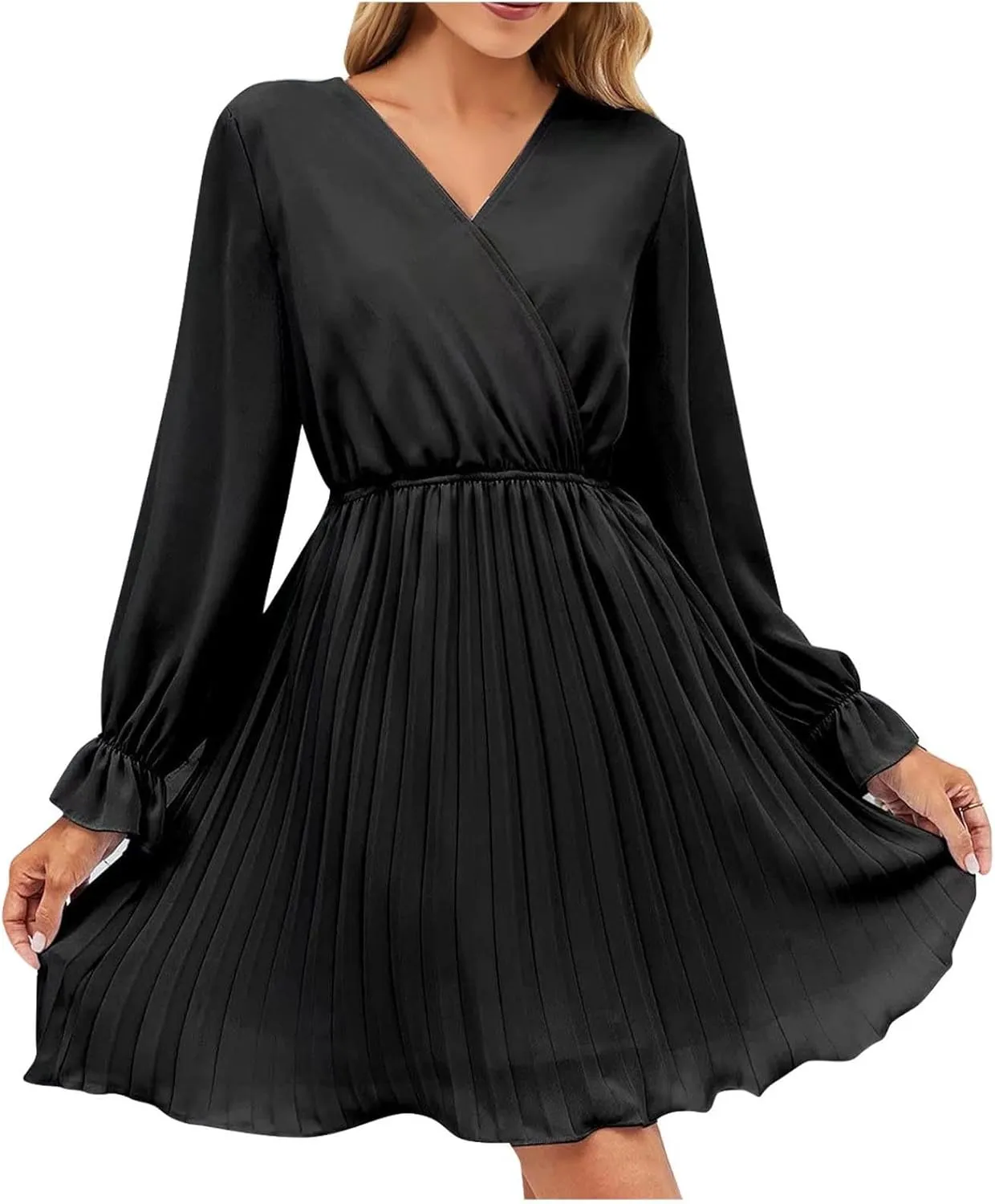 Womens Dresses 2025 Ruffle Long Sleeve Wrap Semi Formal Mini Dress Casual Pleated A-Line Swing Babydoll Dress