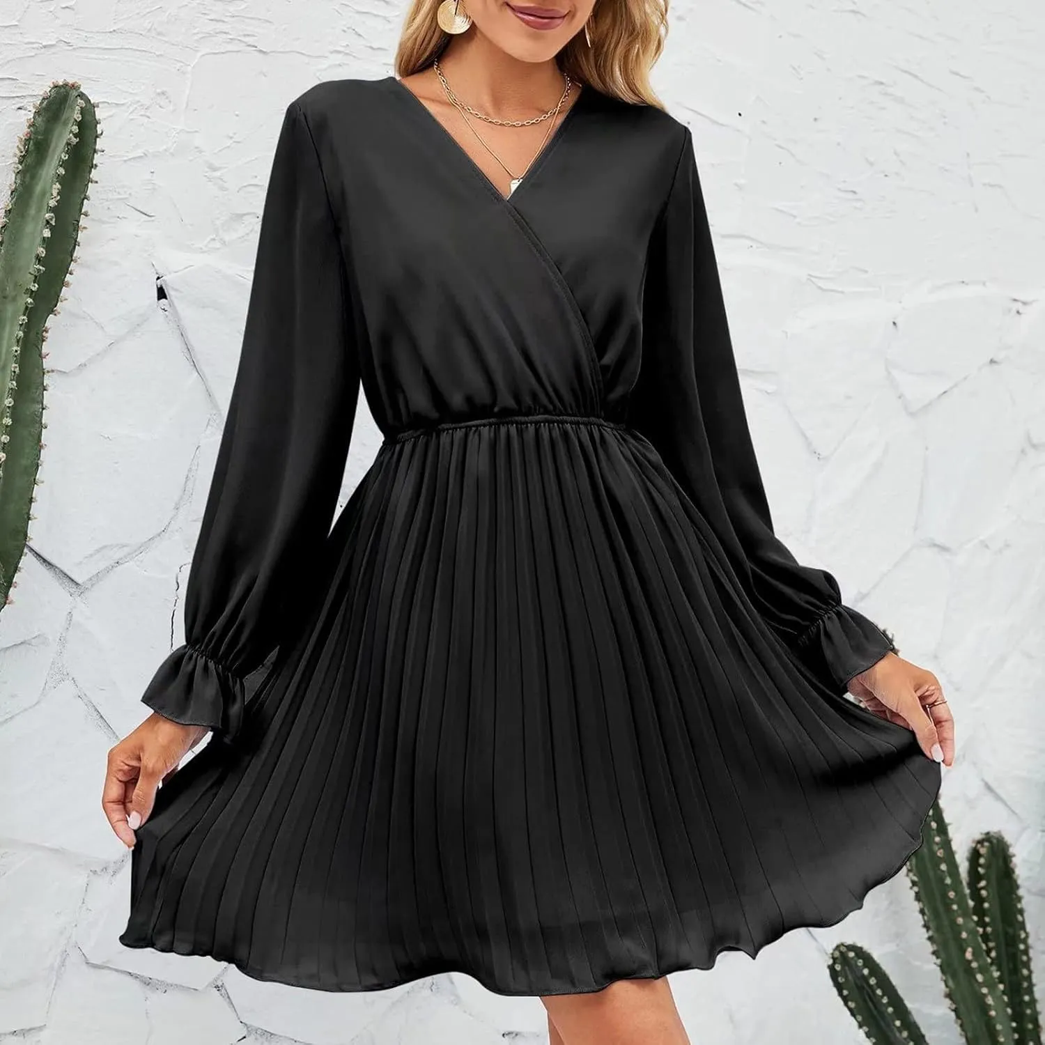Womens Dresses 2025 Ruffle Long Sleeve Wrap Semi Formal Mini Dress Casual Pleated A-Line Swing Babydoll Dress