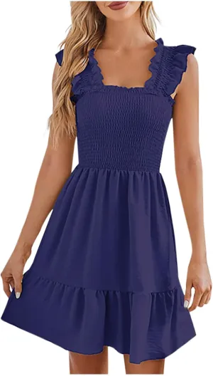 Womens Dresses 2025 Summer Ruffle Sleeve Square Neck Smocked Babydoll Dress Beach Boho Mini A-line Sundress