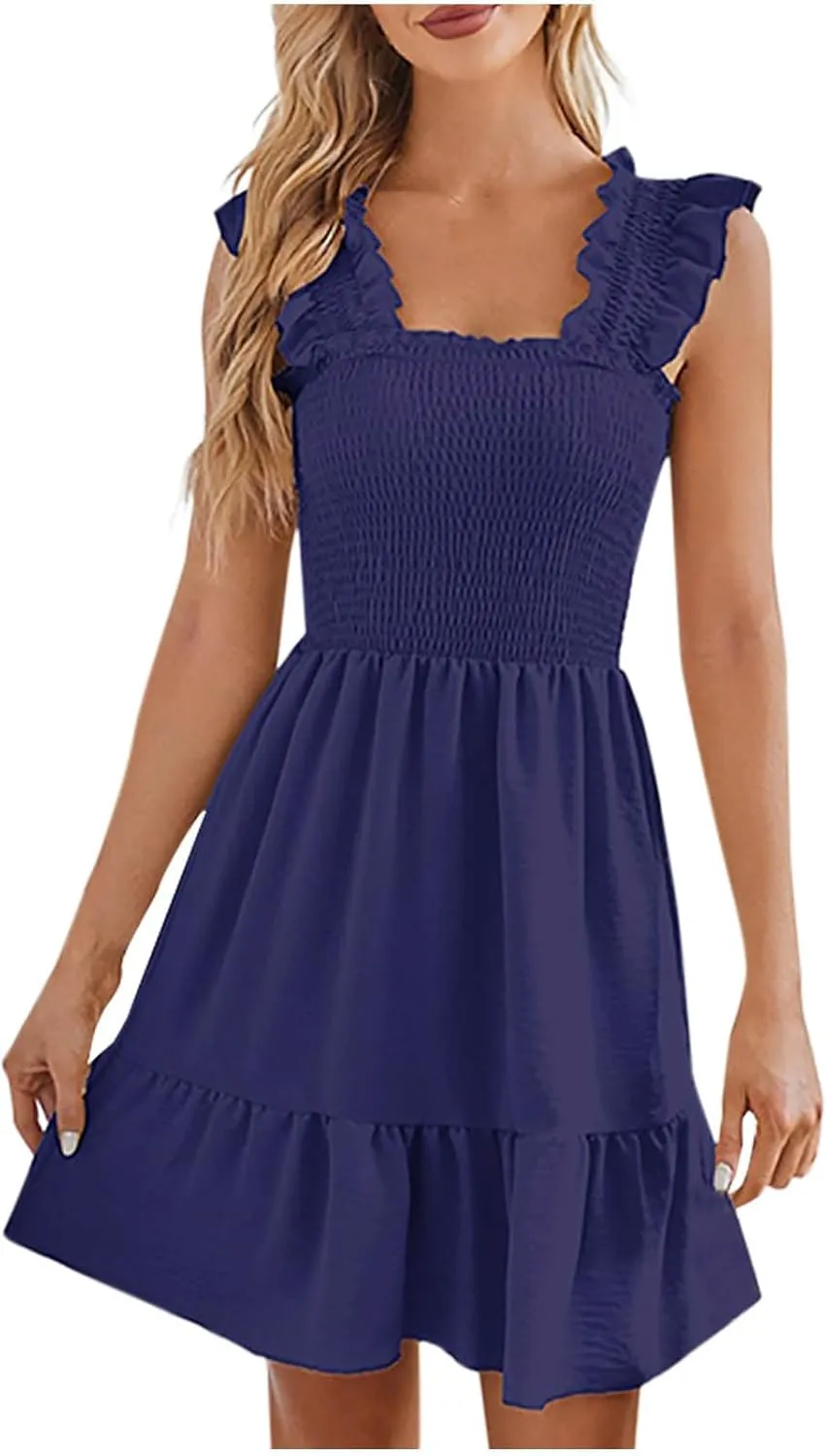 Womens Dresses 2025 Summer Ruffle Sleeve Square Neck Smocked Babydoll Dress Beach Boho Mini A-line Sundress