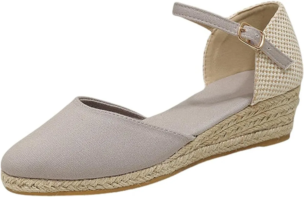 Womens Espadrilles Sandals Dressy Closed Toe Buckle Ankle Strap Platform Wedge Sandals Casual Summer Shoes