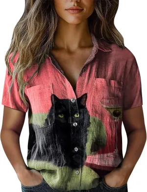 Womens Ethnic Shirts Floral Print Button Down Shirt Fashion Linen Short Sleeve Blouse Retro Boho Clothes Casual Tops