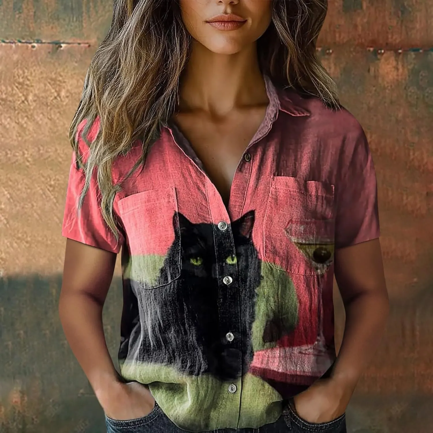 Womens Ethnic Shirts Floral Print Button Down Shirt Fashion Linen Short Sleeve Blouse Retro Boho Clothes Casual Tops