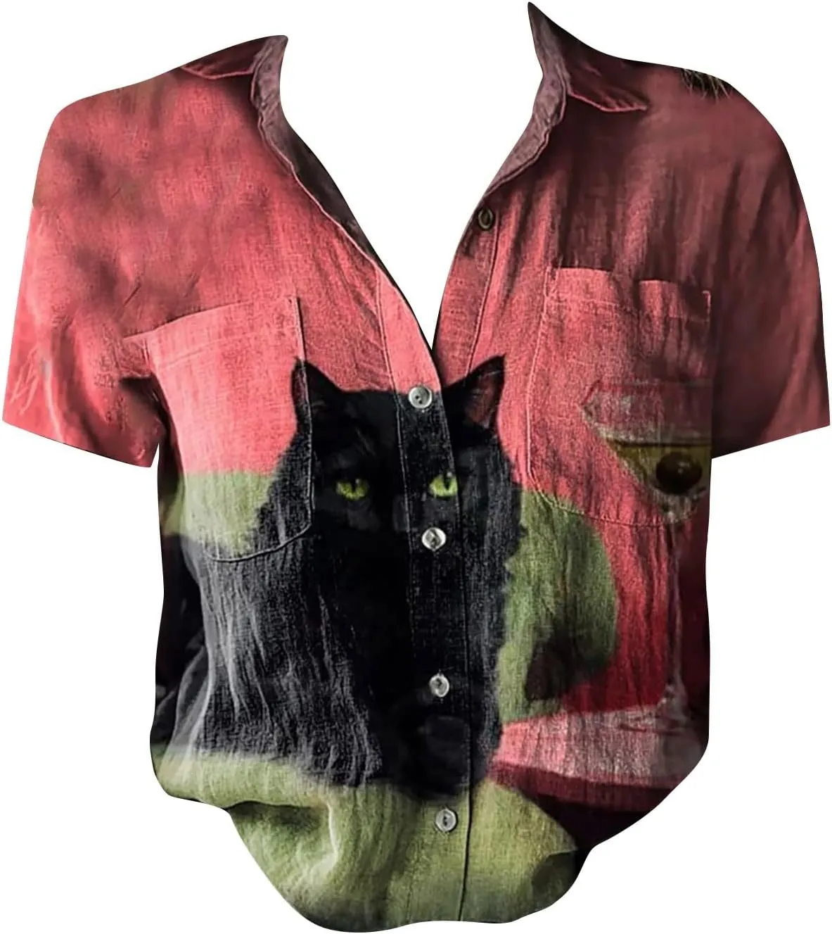Womens Ethnic Shirts Floral Print Button Down Shirt Fashion Linen Short Sleeve Blouse Retro Boho Clothes Casual Tops