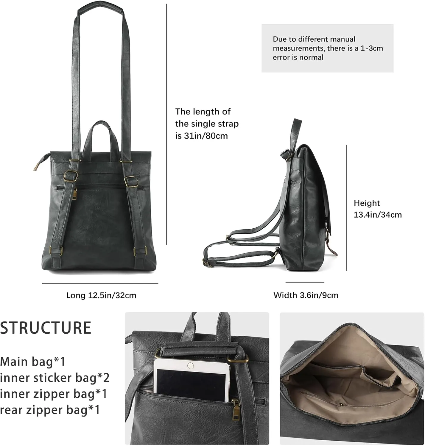 Women's Fashion Backpack Purse Multipurpose Design Convertible Satchel Handbags Shoulder Bag Travel bag (Grey)