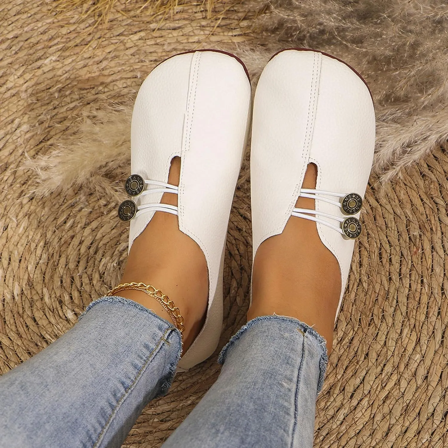 Womens Flat Sandals Dressy Comfortable Round Toe Ballet Flats Button Decoration Closed Toe Sandals Summer Casual Breathable Boat Shoes for Everyday Elegance