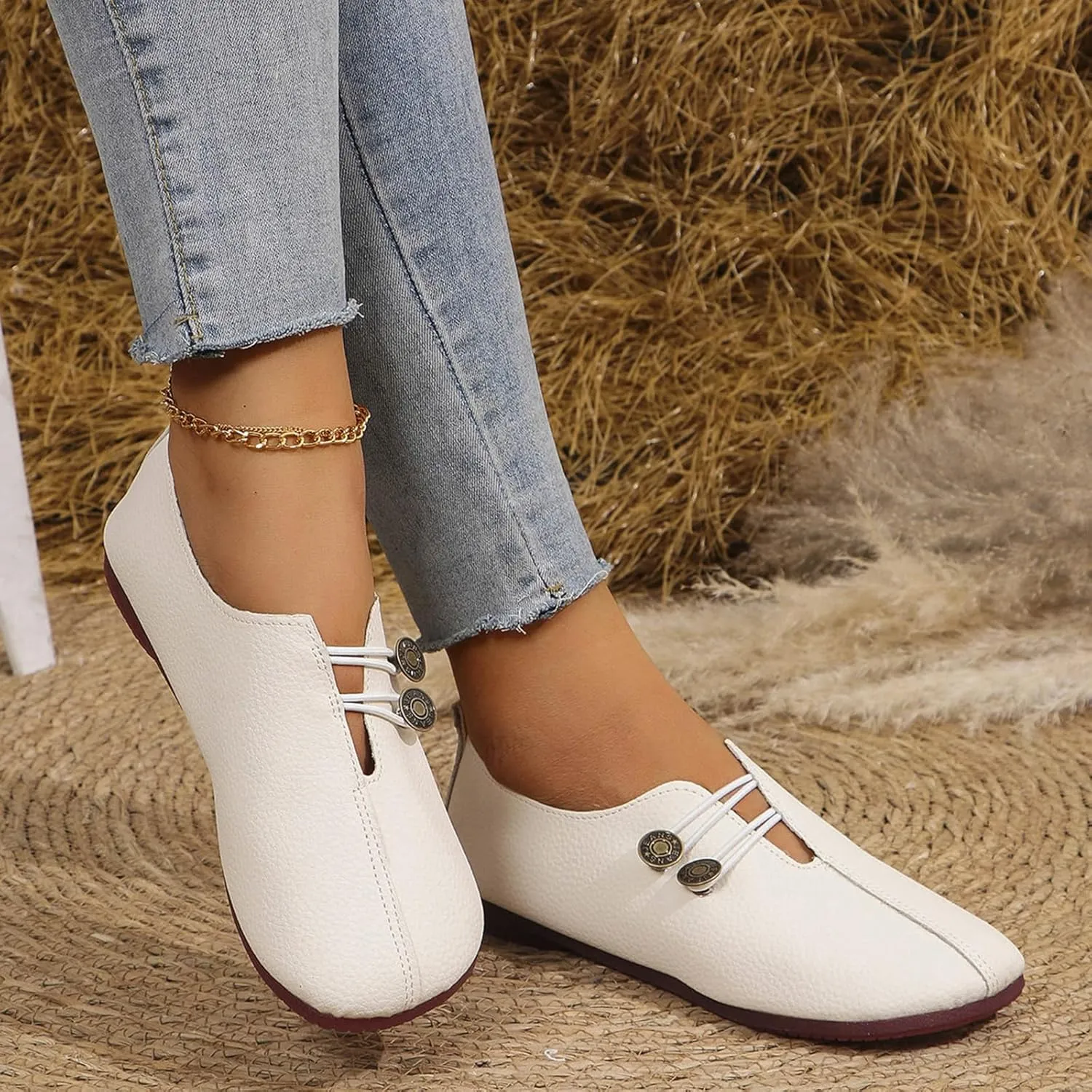 Womens Flat Sandals Dressy Comfortable Round Toe Ballet Flats Button Decoration Closed Toe Sandals Summer Casual Breathable Boat Shoes for Everyday Elegance