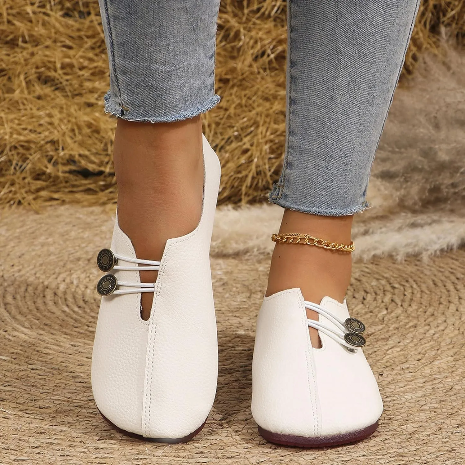Womens Flat Sandals Dressy Comfortable Round Toe Ballet Flats Button Decoration Closed Toe Sandals Summer Casual Breathable Boat Shoes for Everyday Elegance