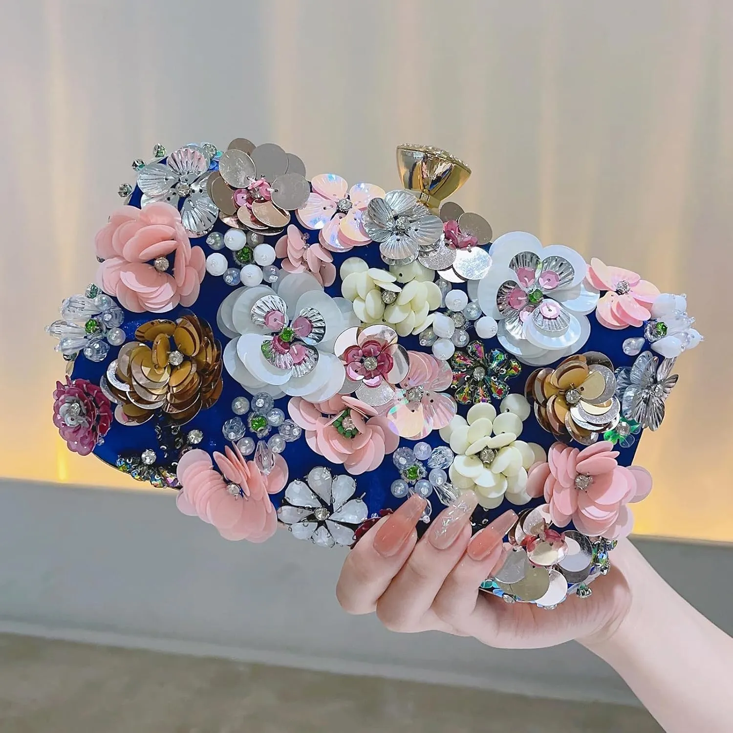 Womens Floral Beaded flower Clutch Evening Handbag with Chain Strap for Formal Occasions
