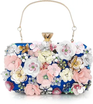 Womens Floral Beaded flower Clutch Evening Handbag with Chain Strap for Formal Occasions