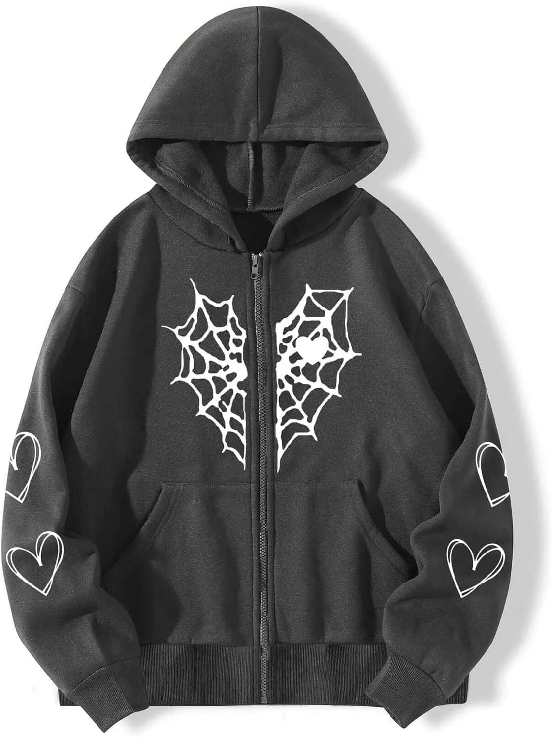 Women's Halloween Zip Up Hoodie Funny Spider Net Graphic Y2K Oversized Sweatshirt Goth Punk Jackets Streetwear