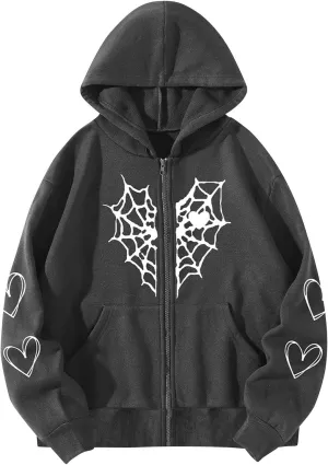 Women's Halloween Zip Up Hoodie Funny Spider Net Graphic Y2K Oversized Sweatshirt Goth Punk Jackets Streetwear
