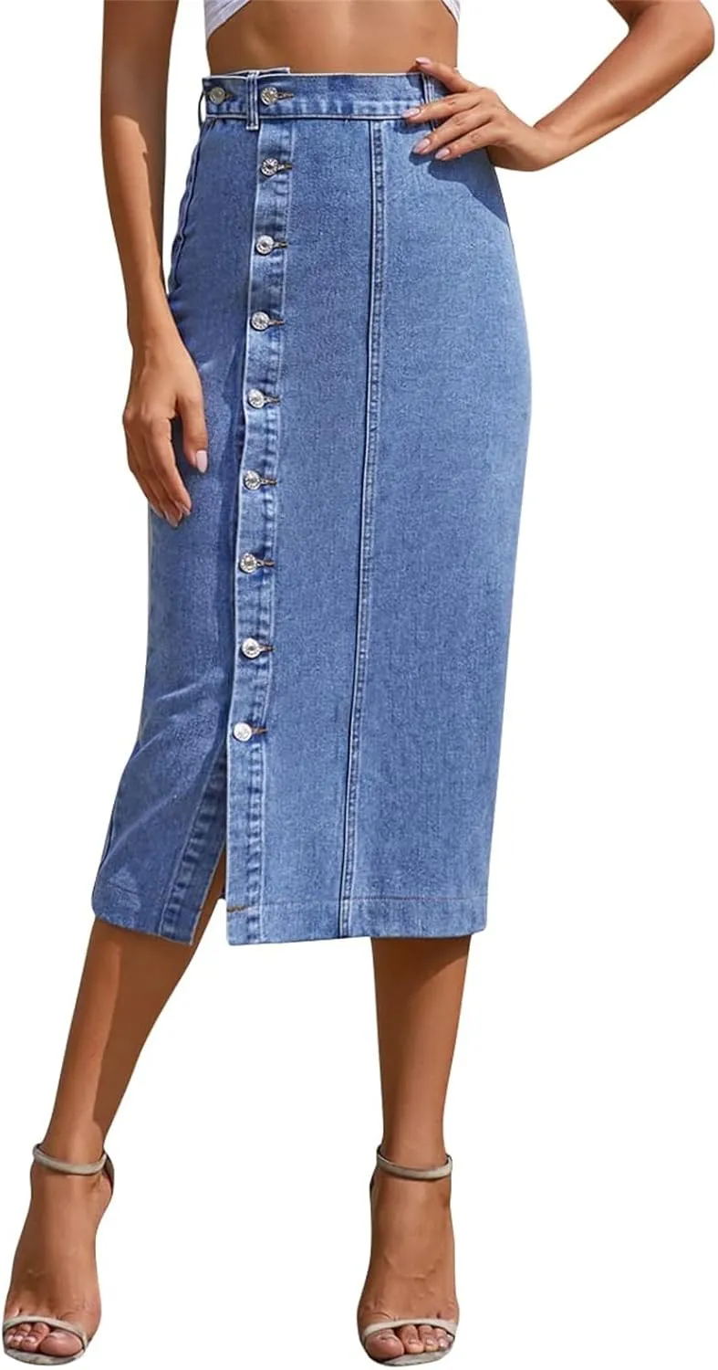Women's High Waisted Slit Button up Midi Jean Skirt, High Waist Slim Fit Casual Jean Pencil Skirt with Pockets