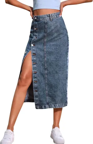 Women's High Waisted Slit Button up Midi Jean Skirt, High Waist Slim Fit Casual Jean Pencil Skirt with Pockets