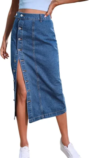 Women's High Waisted Slit Button up Midi Jean Skirt, High Waist Slim Fit Casual Jean Pencil Skirt with Pockets