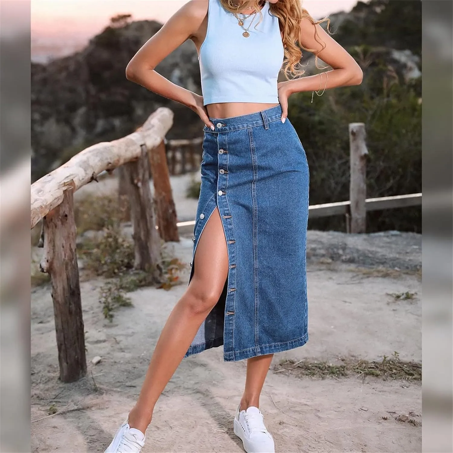 Women's High Waisted Slit Button up Midi Jean Skirt, High Waist Slim Fit Casual Jean Pencil Skirt with Pockets