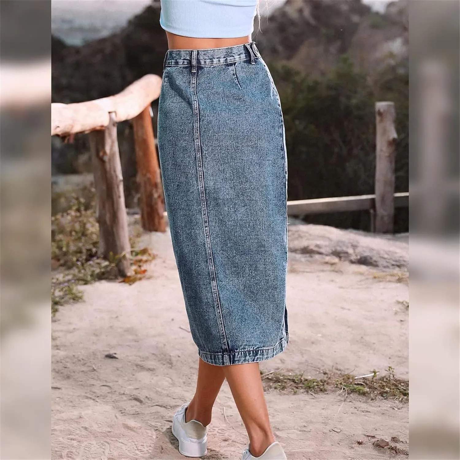 Women's High Waisted Slit Button up Midi Jean Skirt, High Waist Slim Fit Casual Jean Pencil Skirt with Pockets