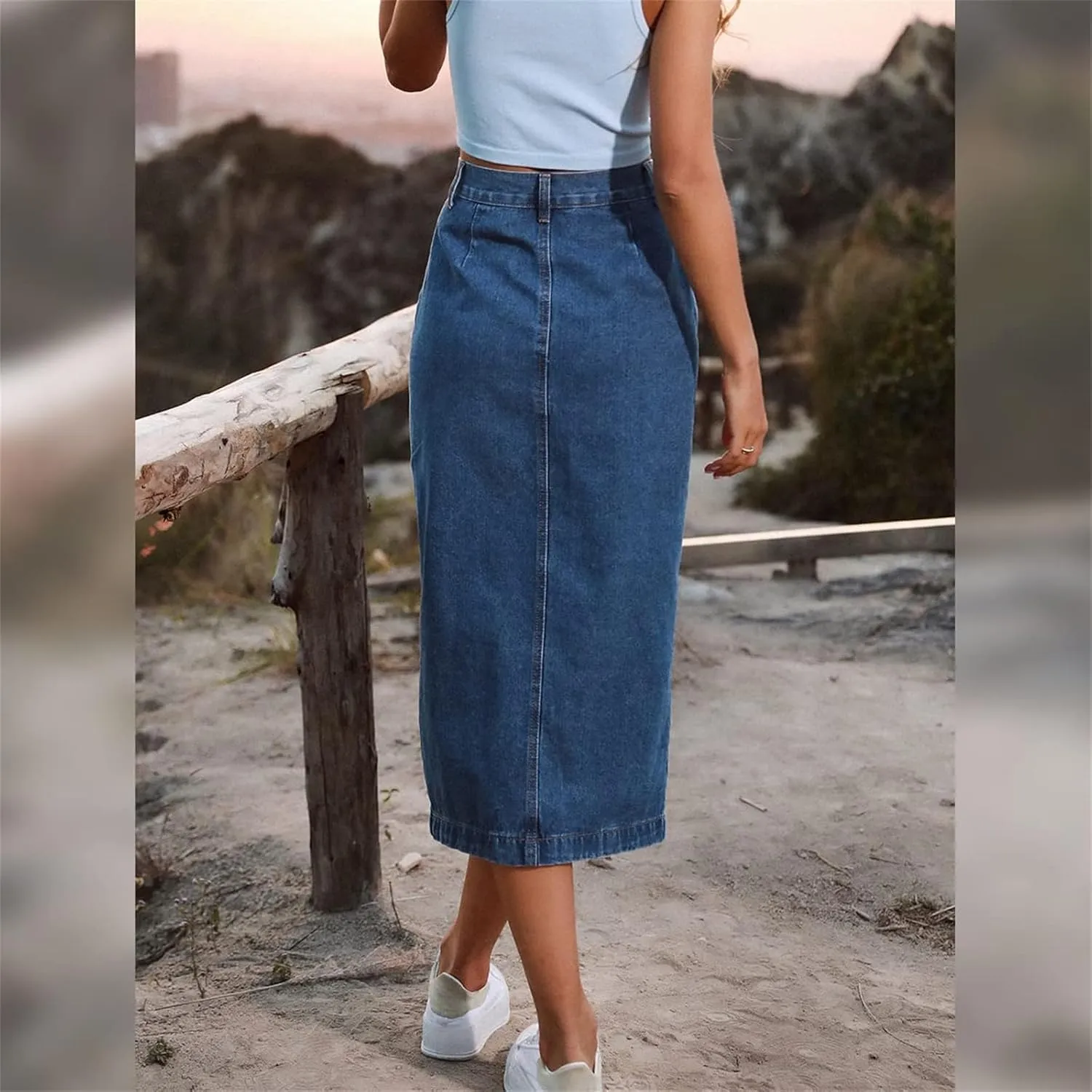 Women's High Waisted Slit Button up Midi Jean Skirt, High Waist Slim Fit Casual Jean Pencil Skirt with Pockets