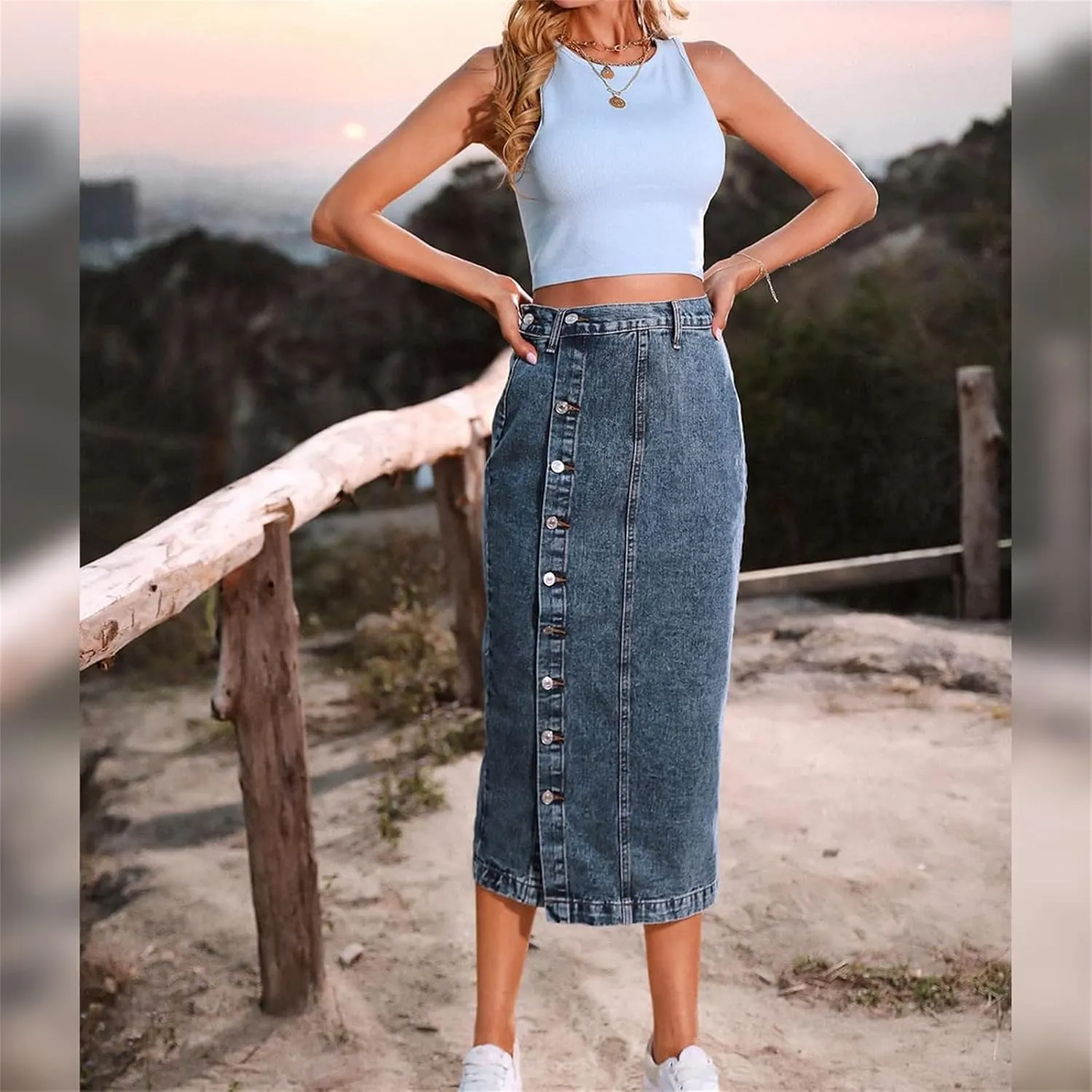 Women's High Waisted Slit Button up Midi Jean Skirt, High Waist Slim Fit Casual Jean Pencil Skirt with Pockets